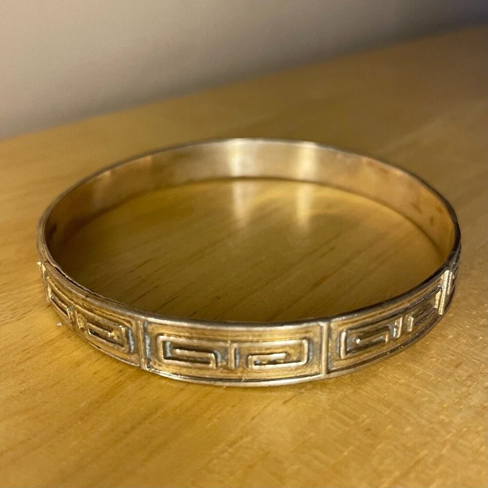 Greek Key Meander Sterling Bangle Bracelet Signed Mexico - Picture 2 of 9